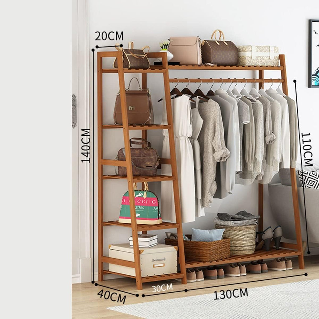 Bamboo Clothes Hanging Rack with 5 Tier Storage Shelves Hooks Portable Rack Cloest Organizer Garment Rack for Bedroom Guest Room/80 * 40 * 140Cm (130*40*140cm )