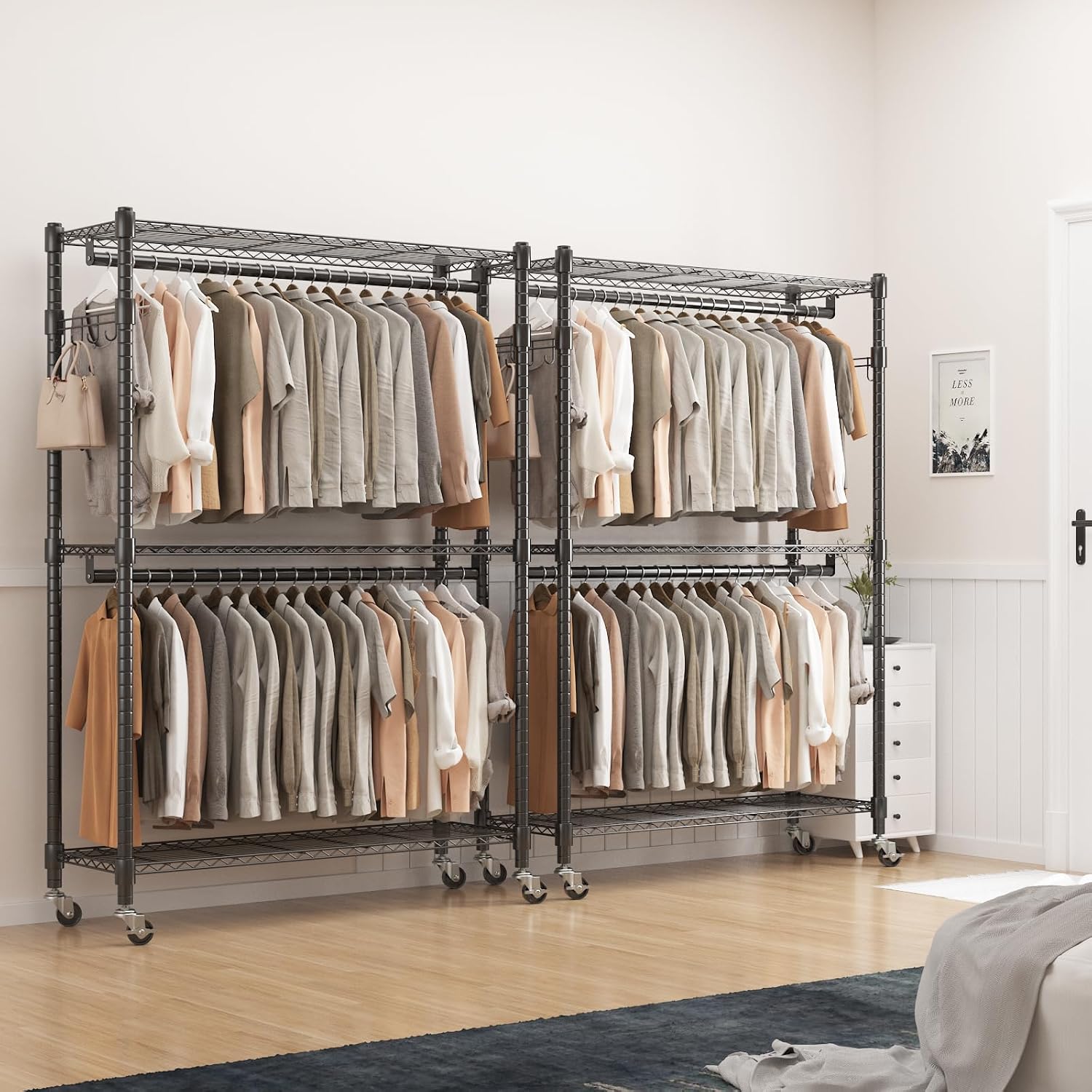 BATHWA Heavy Duty Rolling Clothes Rack with Wheels, 640 lb Hanger Rack & Garment Rack, 25mm Metal Freestanding Portable Closet, 2 Rods + Adjustable Shelves for Hanging Clothes