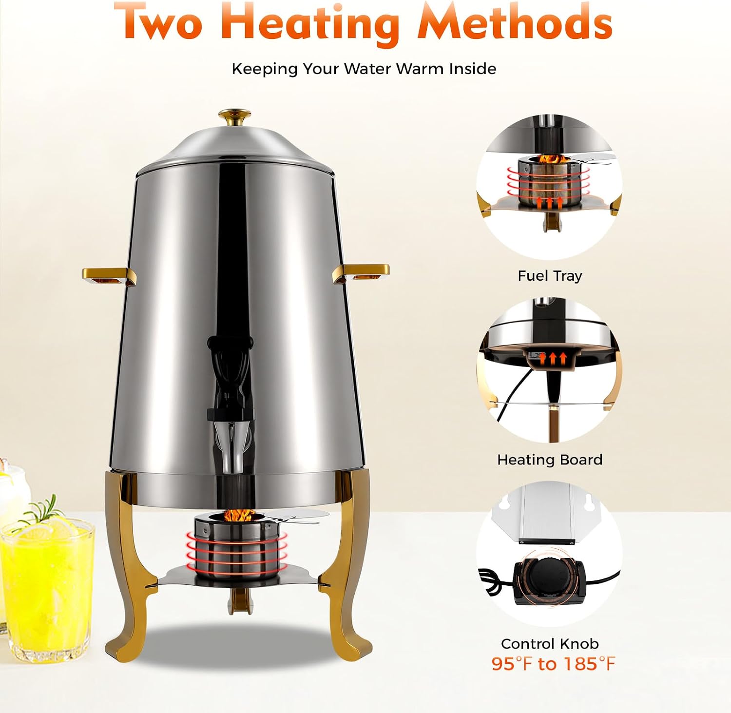 13L Coffee Urn and Hot Beverage Dispenser with Fuel Holder & Heating board, 3.4 Gallon Stainless Steel Drink Dispenser for Hot Drinks, Hot Water Urn for Catering (Silver+Gold)