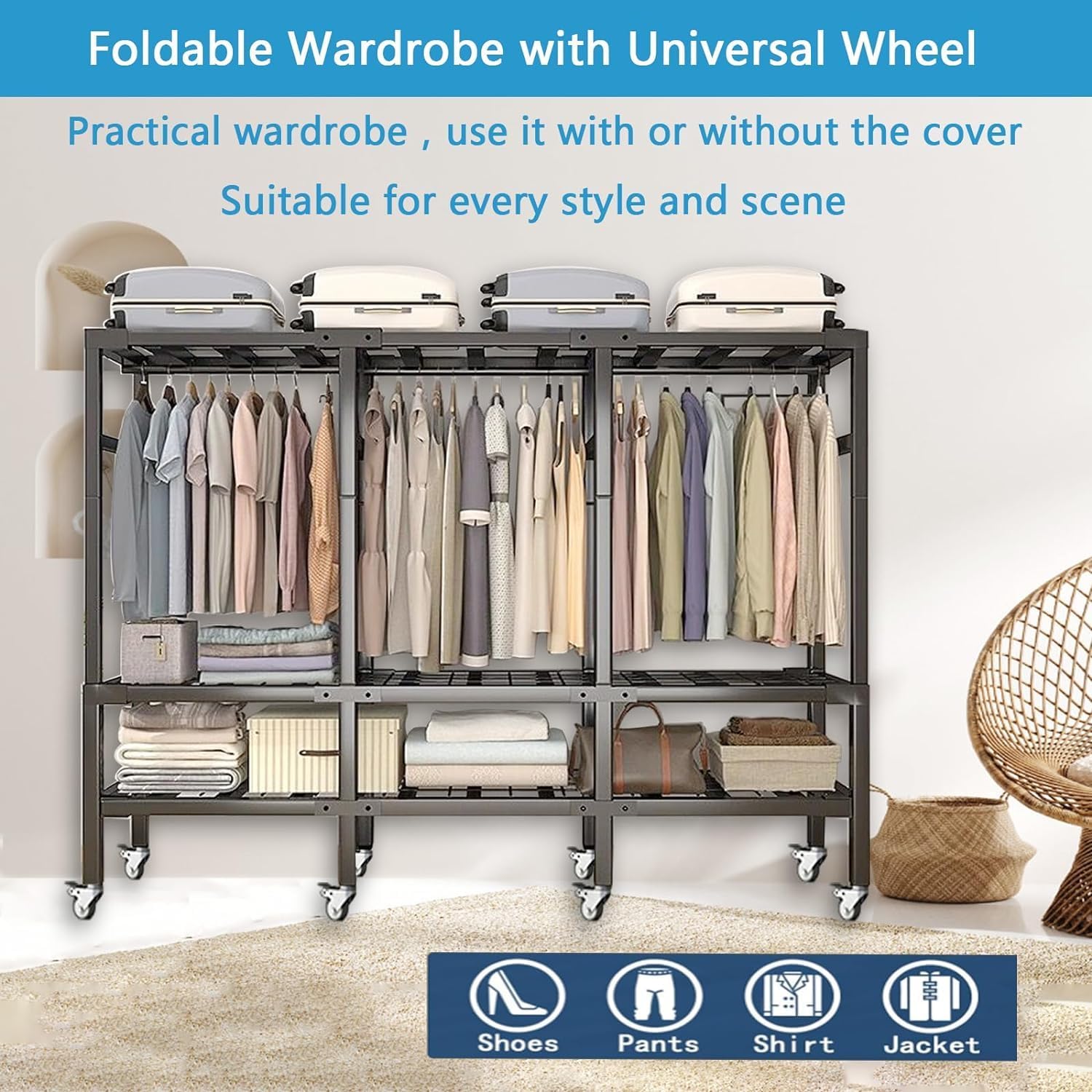 Portable Foldable Wardrobe Closet for Hanging Clothes Storage Garment Rack with Cover and 8 Wheels-70.8in High Heavy-Duty Freestanding Closet System with 3 Hanging Rods Load 1600lb(74.8in/190cm)