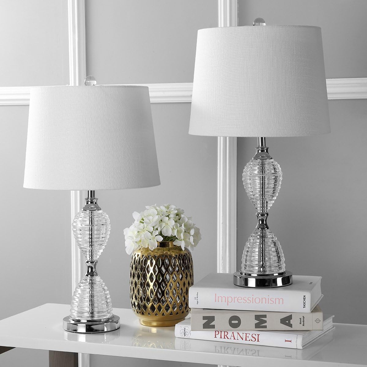 JONATHAN Y 24' Clear Crystal LED Table Lamp Set of 2, Glam Hourglass Bedside Lamps for Living Room Bedroom, White Linen Shade, Chrome Finish, LED Bulbs Included JYL2045A-SET2