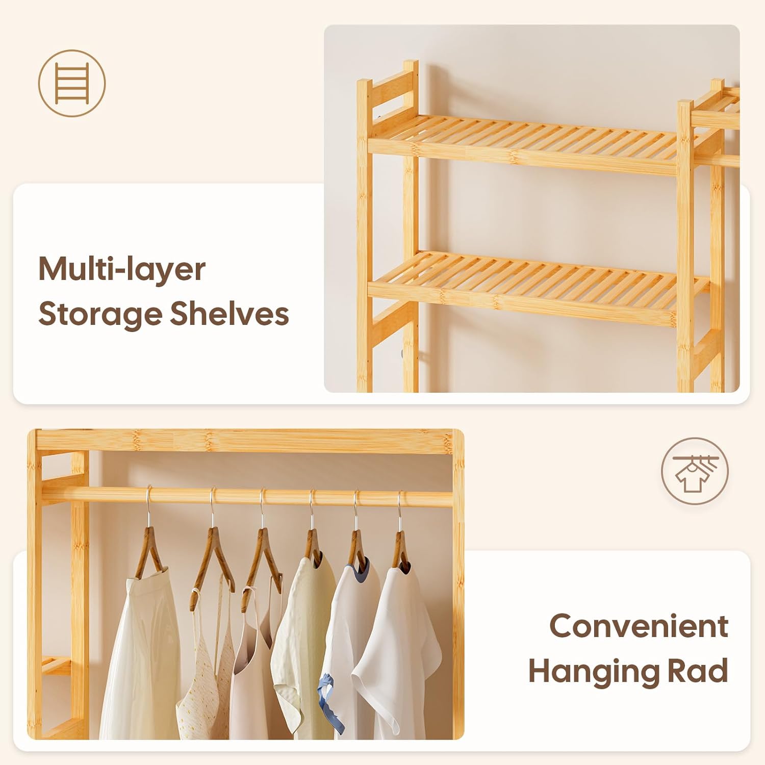 Cozivolife Over The Washer and Dryer Storage Shelf Bamboo,5 Tiers Laundry Room Drying Rack with Adjustable Shelves and 4 Hooks,Space Saver Organizer for Hanging Clothes and Towels (Natural)