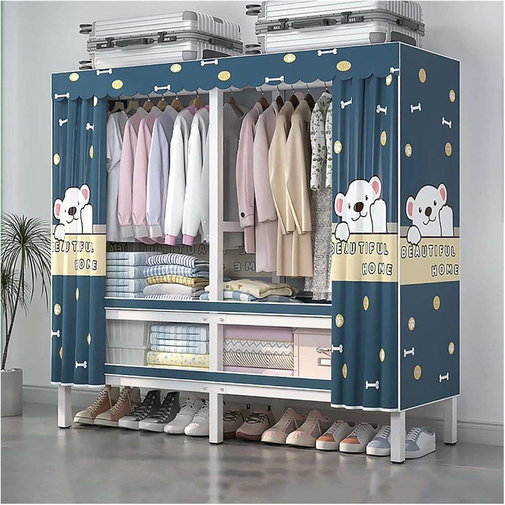 Foldable Portable Wardrobe Closet With Cover, Metal Garment Rack For Hanging Clothes, Clothing Rack, Enclosed Curtain Metal Clothing Organizer For Bedroom(Blue,180x175x52cm)