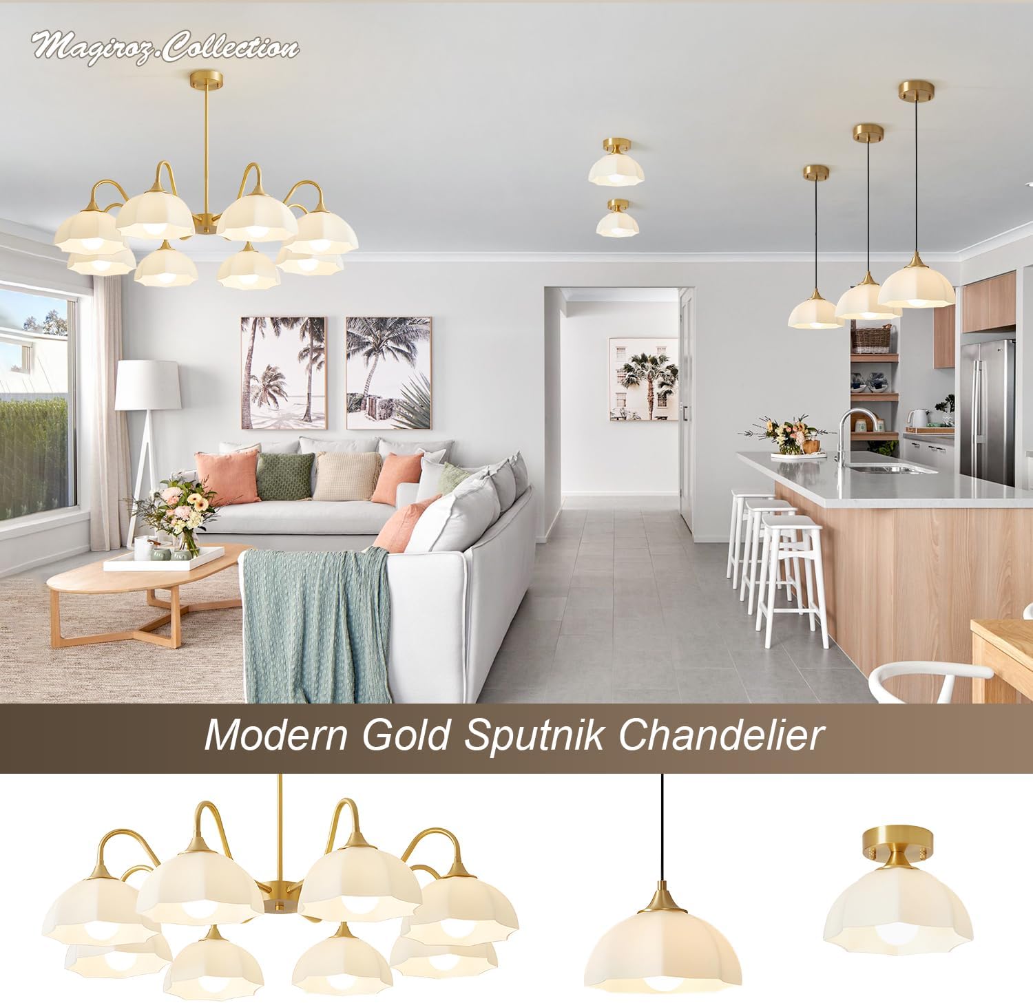 8 Lights Gold Sputnik Chandelier Light Fixture Large Mid Century Large Milk Glass Sputnik Pendant Lights Kitchen Island Modern Farmhouse Semi Flush Mount Chandelier Hanging Lamp MPL13-8 GD
