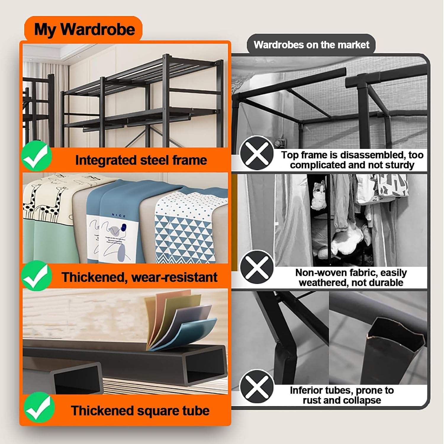 Wardrobe Closet With Cover, Foldable Garment Rack For Hanging Clothes, Metal Freestanding Clothing Rack, Coat Storage Organizer With Rods, For Bedroom, Dorm(Blue2,147cm/57.9inch)