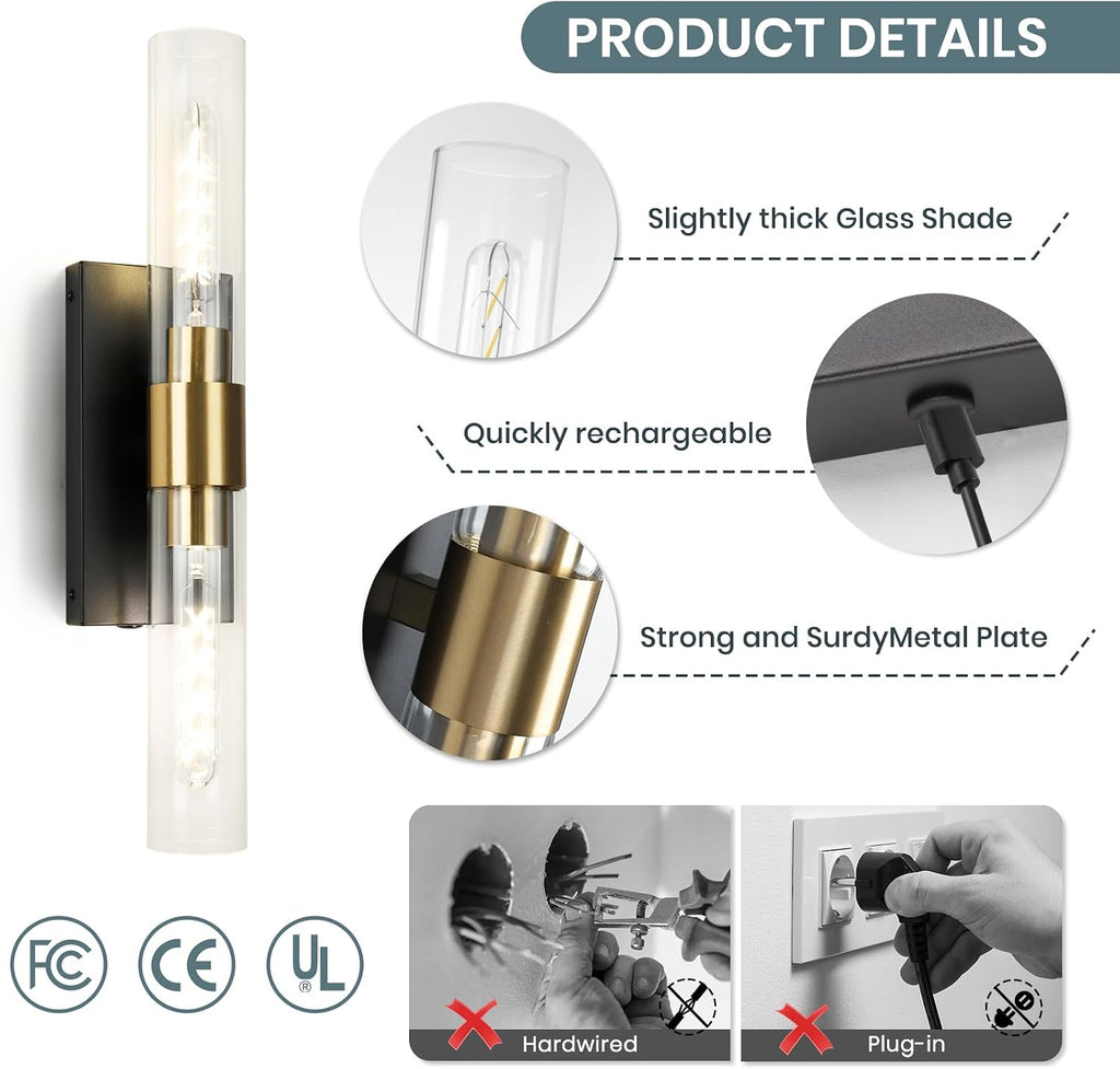 Wall Sconce Set of Two, Battery Operated Wall Sconce, Rechargeable Wall Lamp with Remote, Indoor Non-Hardwired Wall Sconces, Modern Vanity Light for Bedroom, Hallway, Aisle