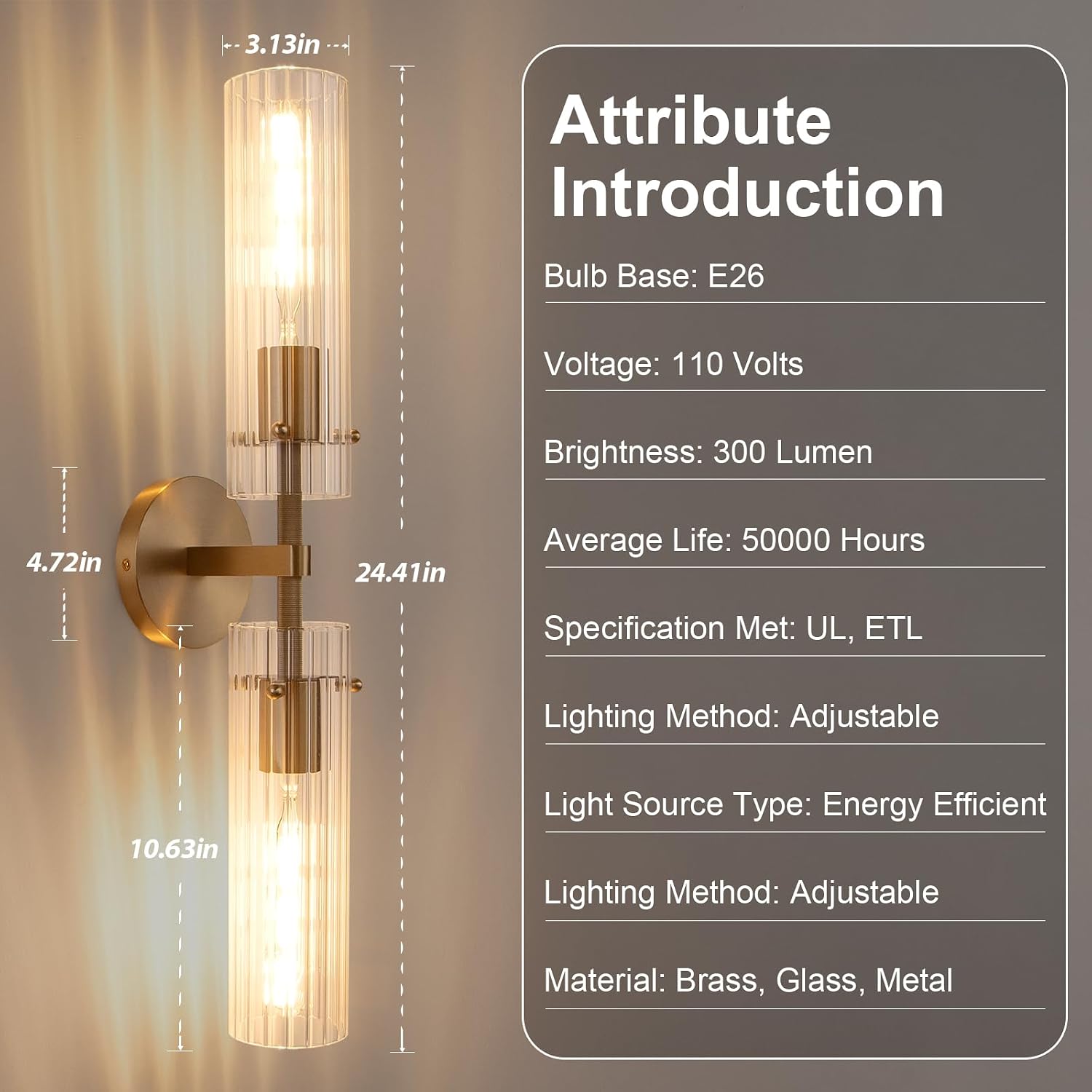Brass Gold 2-Light Knurled Wall Sconce, Dual-Head Vanity Lamp Set of Two with Vertical Striped Glass Tube, Bathroom Wall Sconces, Wall Lights for Living Room Bedroom Hallway Kitchen Bathroom Mirror