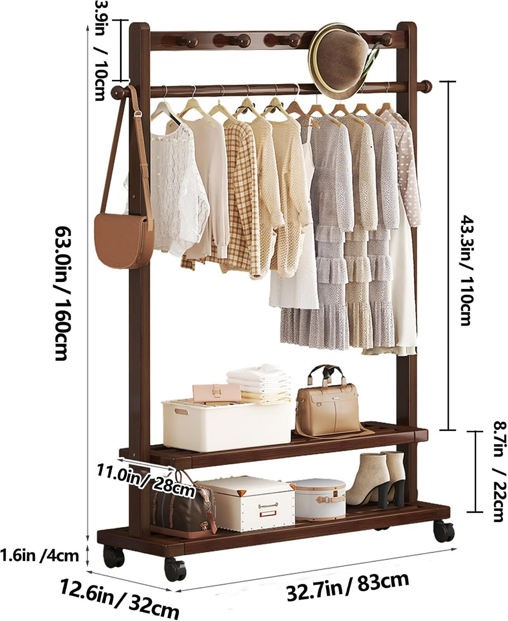 Bamboo Garment Rack with Double Shelves, Freestanding Clothes Hanging Stand for Bedroom, Heavy Duty Open Wardrobe with Side Hooks and Top Rod for Coats Dresses(Walnut,W/o wheels,32.7in)