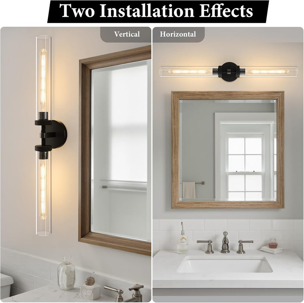 Knurled Brass Tube Wall Sconce - Luxury Modern Dimmable Sconces with Bulbs - Black Glass Vanity Light Fixture - Vertical or Horizontal Mounted Indoor Lighting for Bathroom Bedroom Living Room