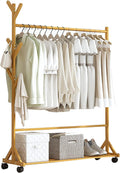Clothes Rack,Bamboo Garment Coat Clothes Hanging,Freestanding Hanger 6 Side Hooks,with Wheels,for Home Bedroom Entryway