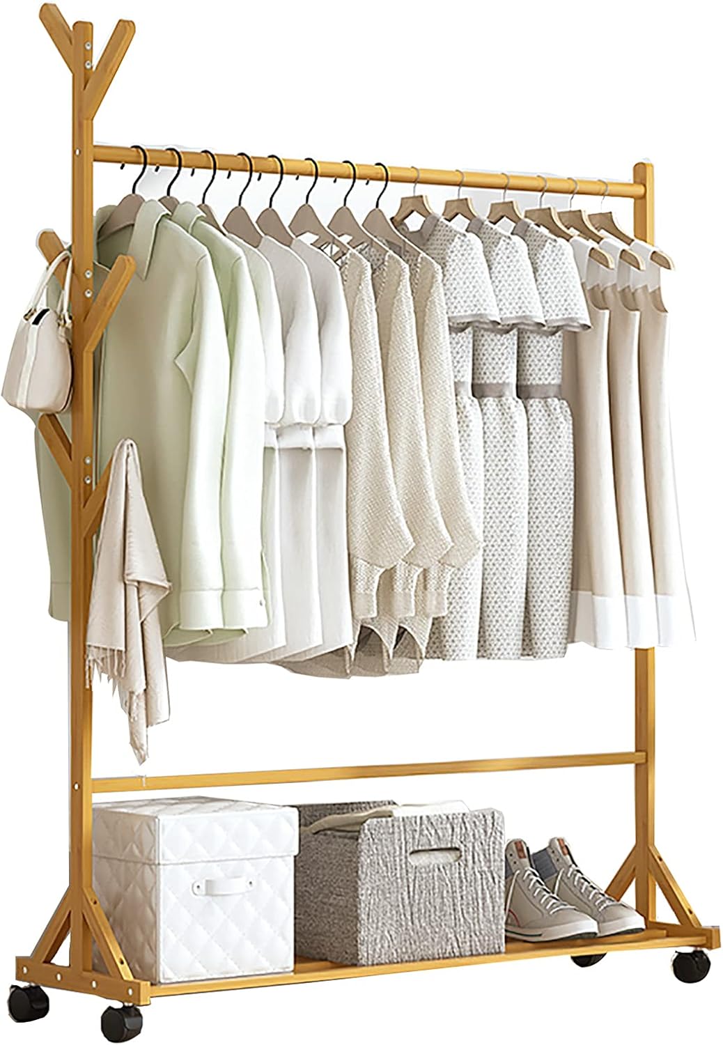 Clothes Rack,Bamboo Garment Coat Clothes Hanging,Freestanding Hanger 6 Side Hooks,with Wheels,for Home Bedroom Entryway