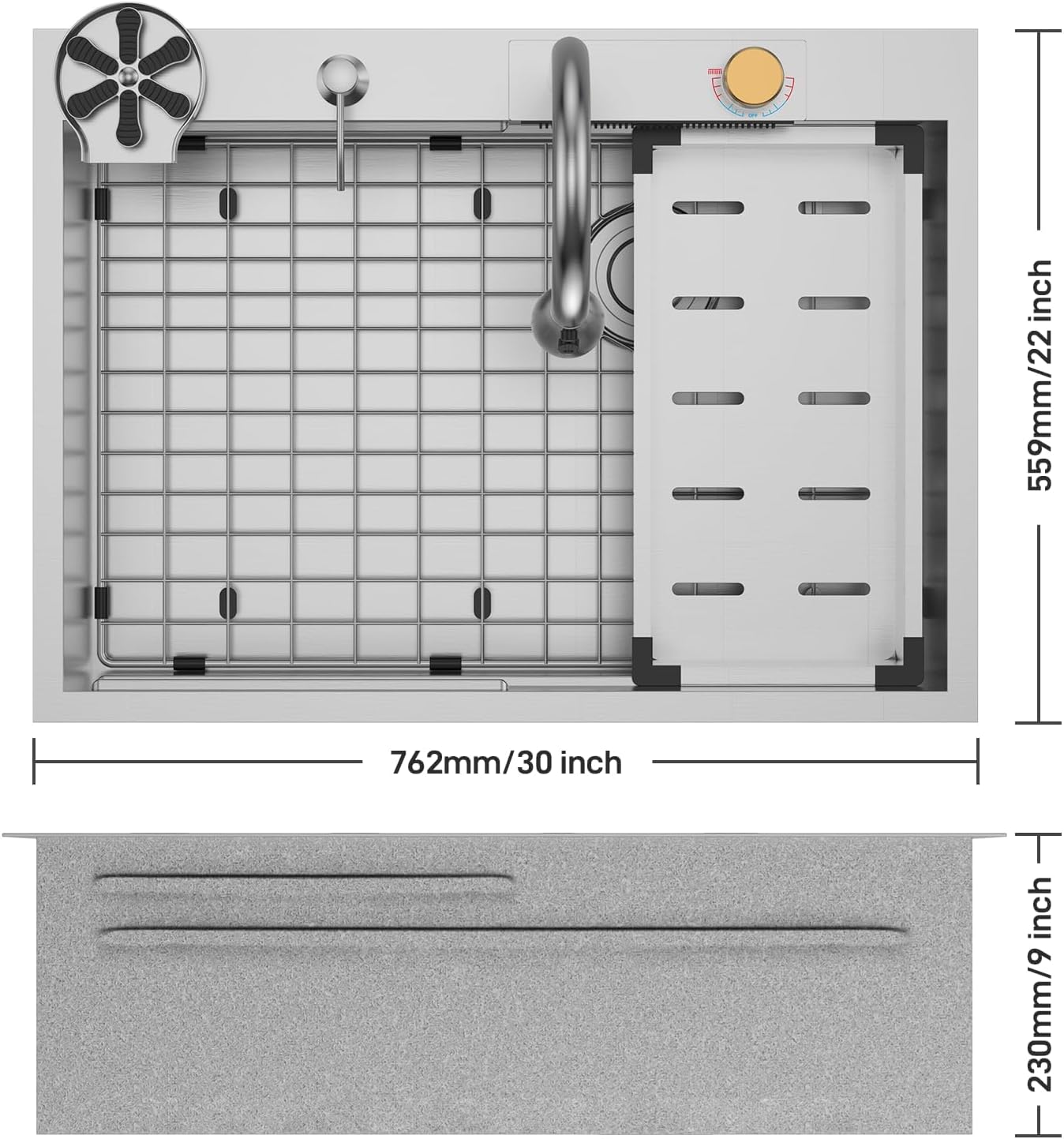 Senfot Kitchen Sinks and Faucet Combo Set with Bottom Grid & Drain Assembly, 304 Stainless Steel Handmade Modern Kitchen Sink with Pull-Out Tap, Chopping Board, Cup Washer, Size 30x 22 x 9in, Silver
