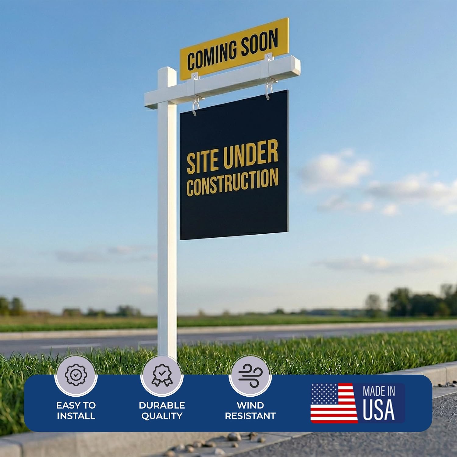 Custom Real Estate Sign Post By DC – Yard Sign Holder with Hanging Panel and Stake | Outdoor Sign Post for Business Advertising, For Sale and Open House Signs | Made in USA