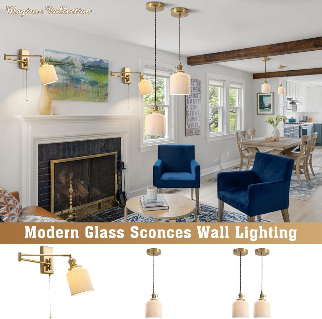 Vintage Antique Brass Wall Sconces Set of Two Gold Modern Farmhouse Wall Lighting Indoor Wall Mount Swing Arm Lamps with Pull Chain Bathroom Sconces Set of 2 Milk Glass Wall Lights MWL14C-2
