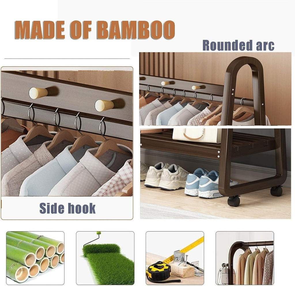 Multifunctional Bamboo Clothes Rack on Wheels with 3 5 Hooks & Shoe Storage Shelf Portable Garment Hanging Stand for Bedroom & Living Room Walnut 60CM
