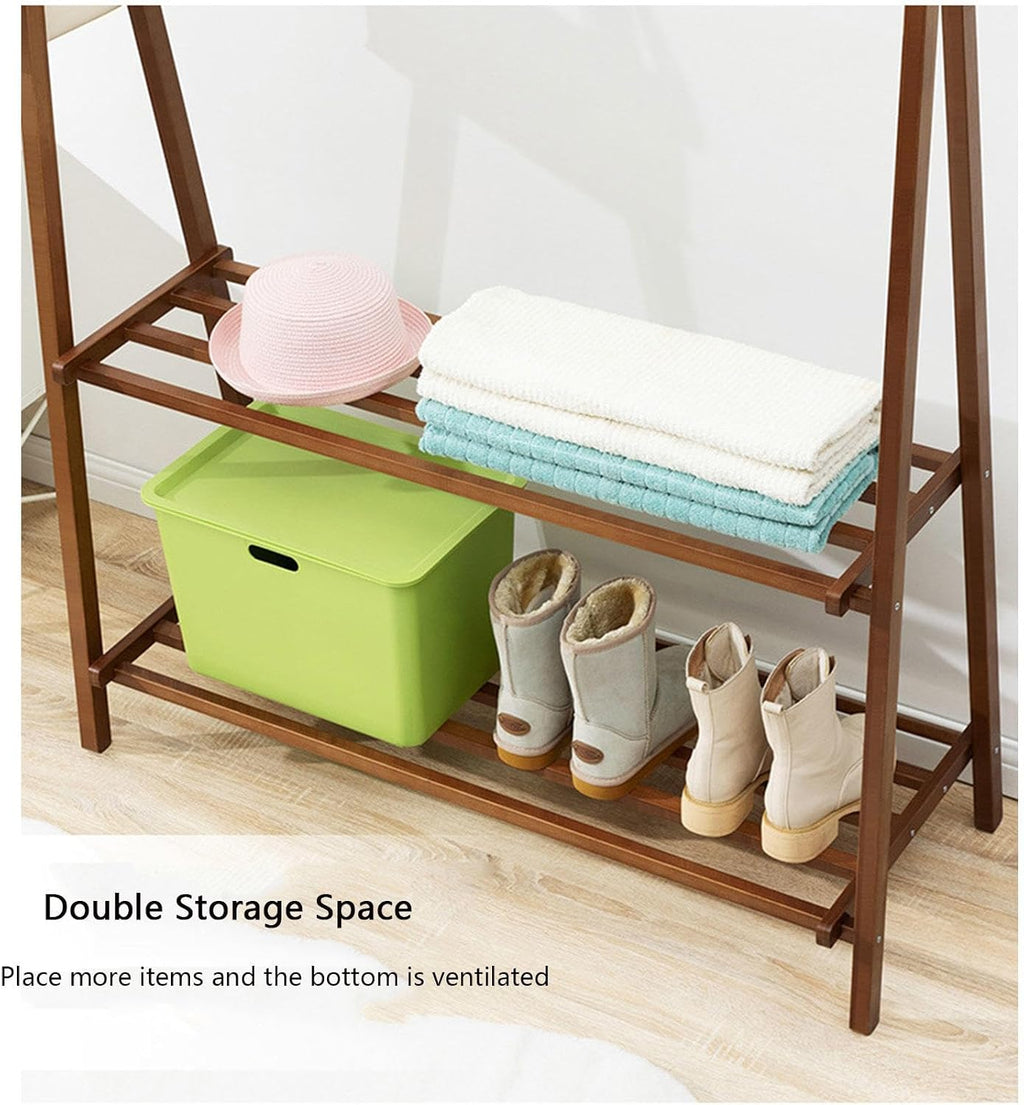 3 In 1 Bamboo Coat Stand Hanging Clothes Rail Shoe Storage Shelves Garment Rack Foldable Freestanding Clothes Hat Hanger Stand For Entryway Bedroom Hallway,Woodcolor,106 * 40 * 160cm