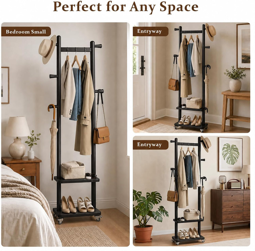 Solid Wood Coat Rack Freestanding Clothing Rack with Wheels & 2 Shelves Storage & 5 Hooks Heavy Duty Clothes Rack Wood Coat Tree Stand Hat Hanger Rack for Corner Bedroom Entryway Living Room Hotel