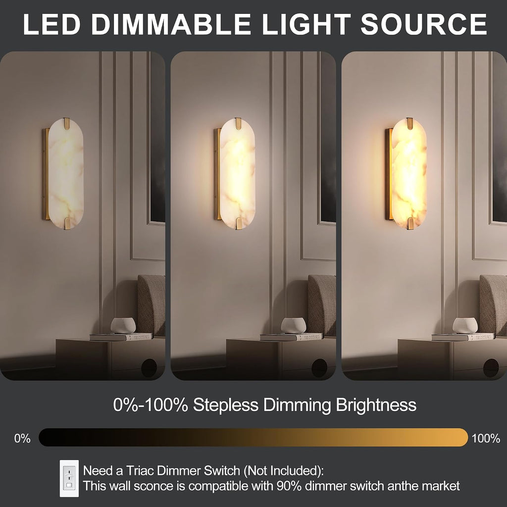 14.17in Alabaster Wall Sconces, Natural Marble Wall Light Set of Two, Modern LED Alabaster Sconces for Living Room Indoor Wall Lamps for Dining Room Stairs Bedroom,Brushed Gold