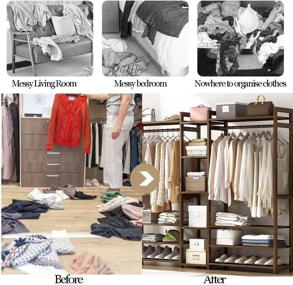Bamboo Clothes Rack with Compartments and Storage Shelves Portable Coat Stand and Hanging Rail for Bedroom and Entryway nizing.