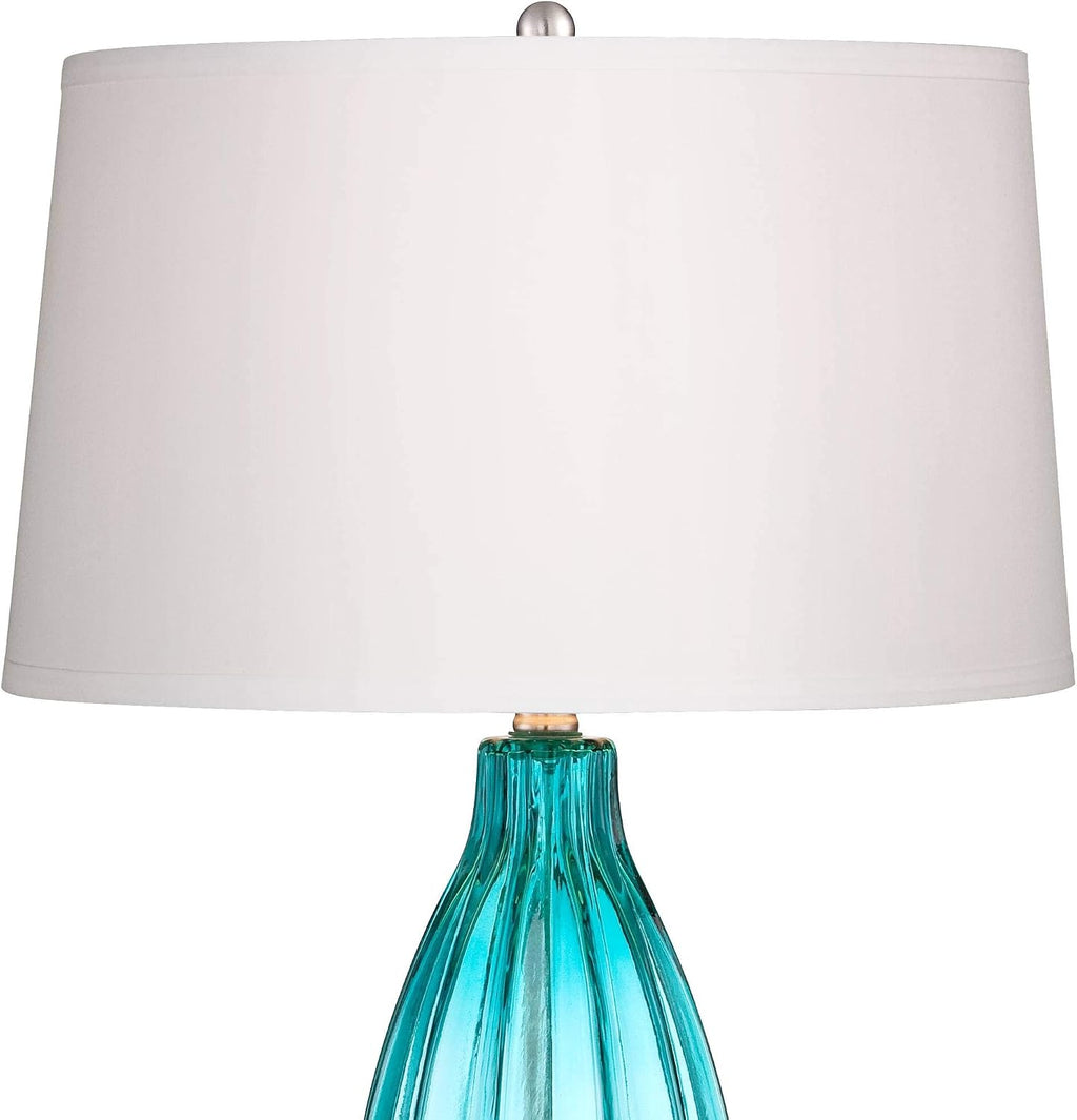 360 Lighting Stella Coastal Modern Table Lamps 30' Tall Set of 2 Fluted Blue Glass White Drum Shade Decor for Living Room Bedroom Beach House Bedside Nightstand Home Office