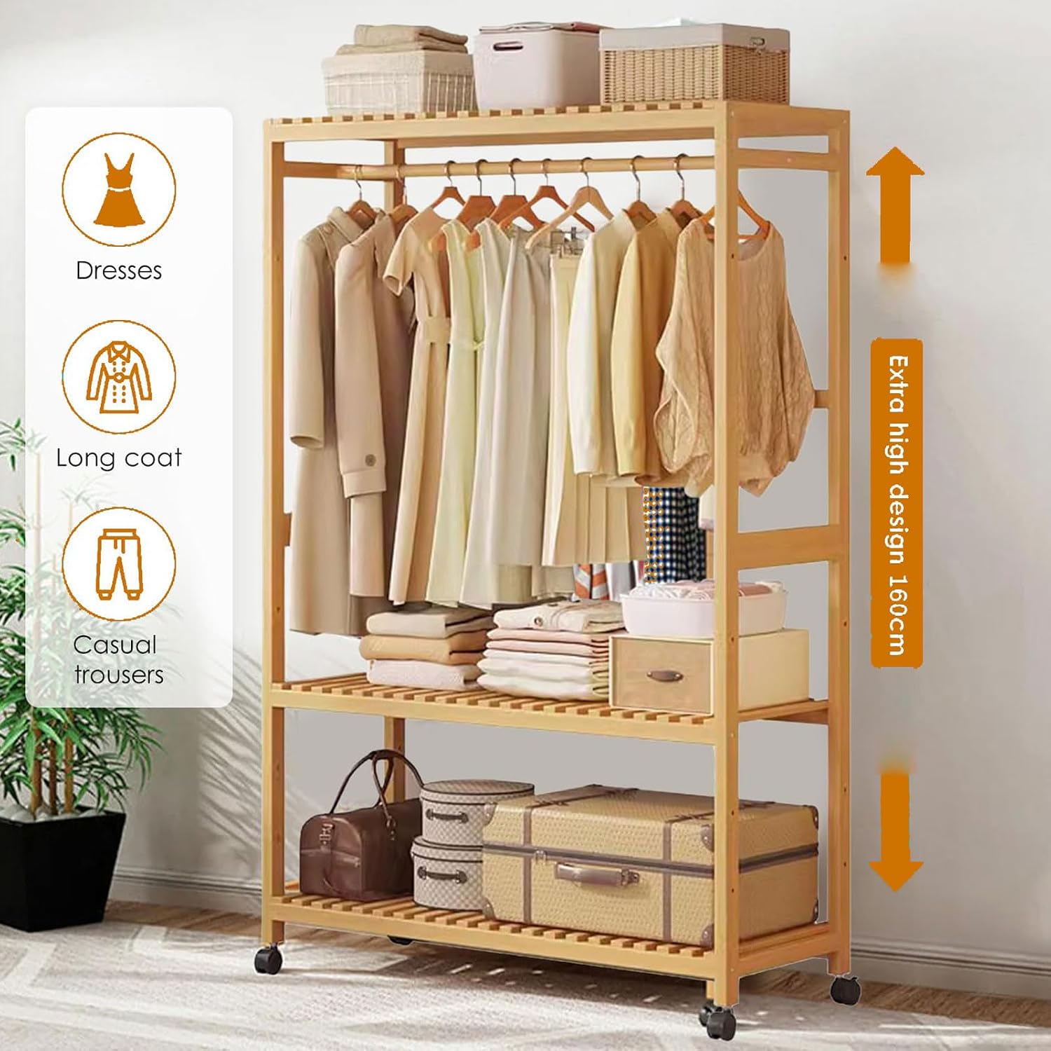 Rolling Clothes Stand, Bamboo Garment Rack Open Wardrobe with 3-tier Storage Shelves, Clothes Hanging Tidy Rail, Shoe Rack, Standing Coat Rack for Clothes Hats Bags