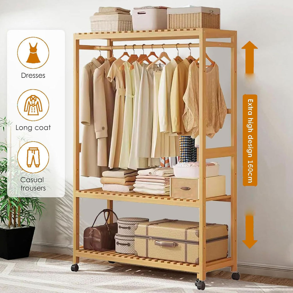 Rolling Clothes Stand, Bamboo Garment Rack Open Wardrobe with 3-tier Storage Shelves, Clothes Hanging Tidy Rail, Shoe Rack, Standing Coat Rack for Clothes Hats Bags