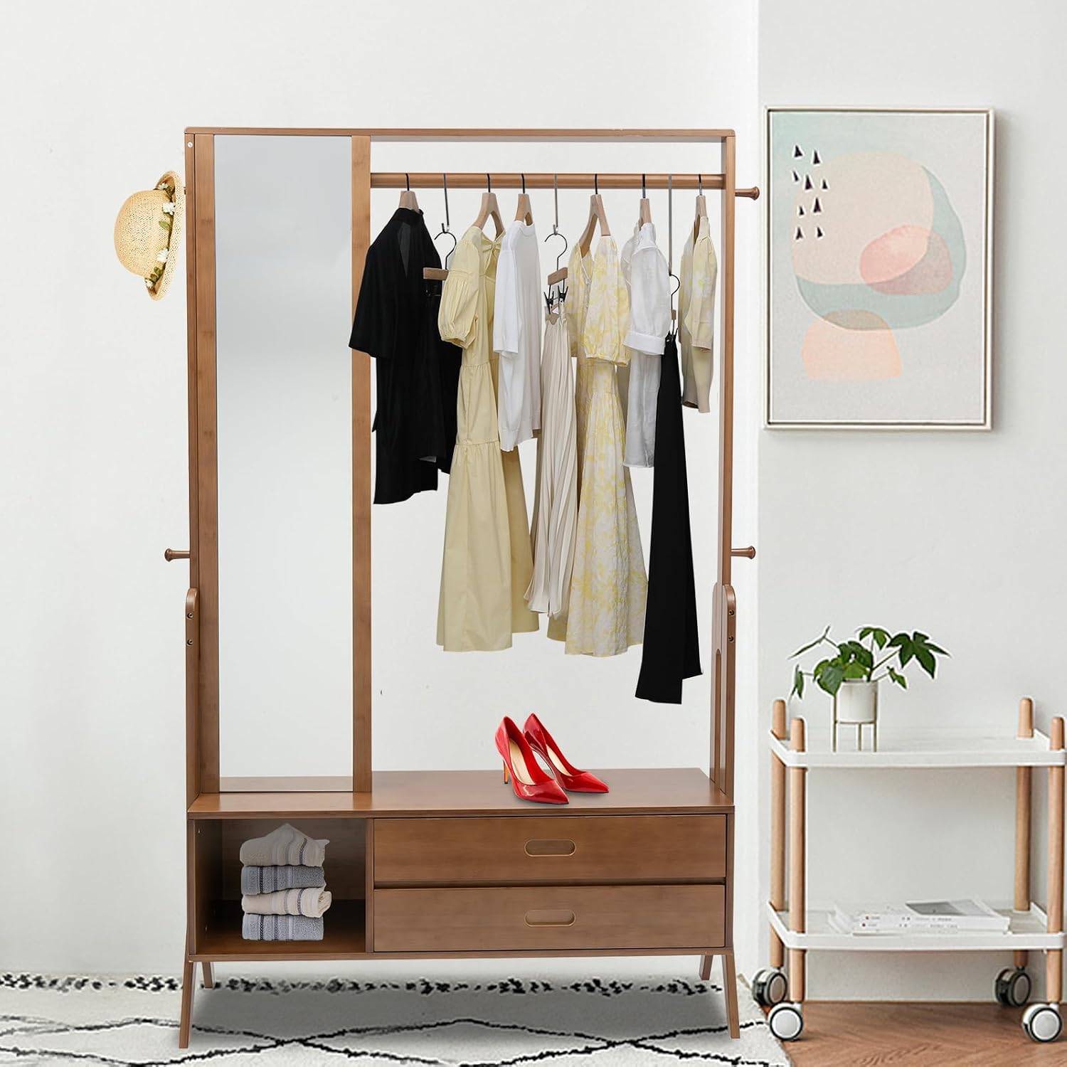 Bamboo Garment Rack, Freestanding Bamboo Clothing Rack with Mirror & Hooks, Heavy Duty Coat Racks with Shelves, Open Wardrobe Closet Organizer for Entrances, Corridors, Bedrooms