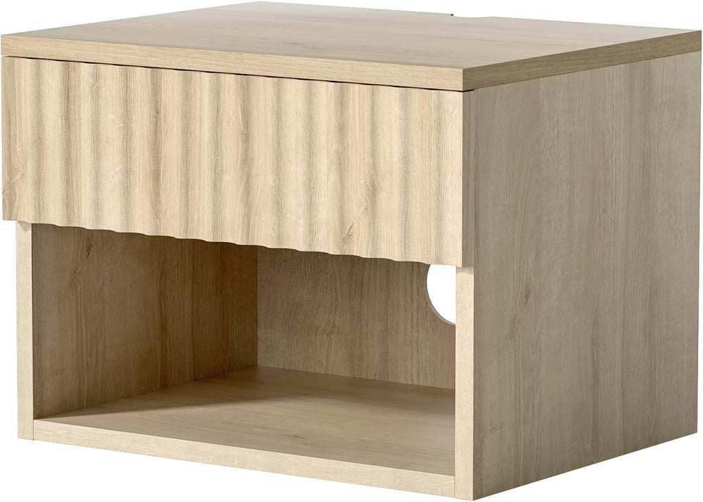 EYYTHUNG Floating Nightstand Set of 2 with Drawer, Fluted Modern Night Stand with Fluted Door and Open Storage Shelf Wall Mounted Bedside Table for Bedroom, Entryway Light Oak