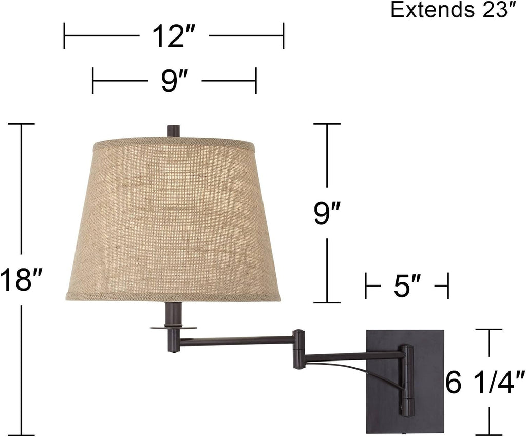 Franklin Iron Works Brinly Farmhouse Rustic Swing Arm Wall Lamps Set of 2 Matte Brown Metal Plug-in 12' Fixture Burlap Hardback Drum Shade for Bedroom Bedside Living Room Hallway Reading
