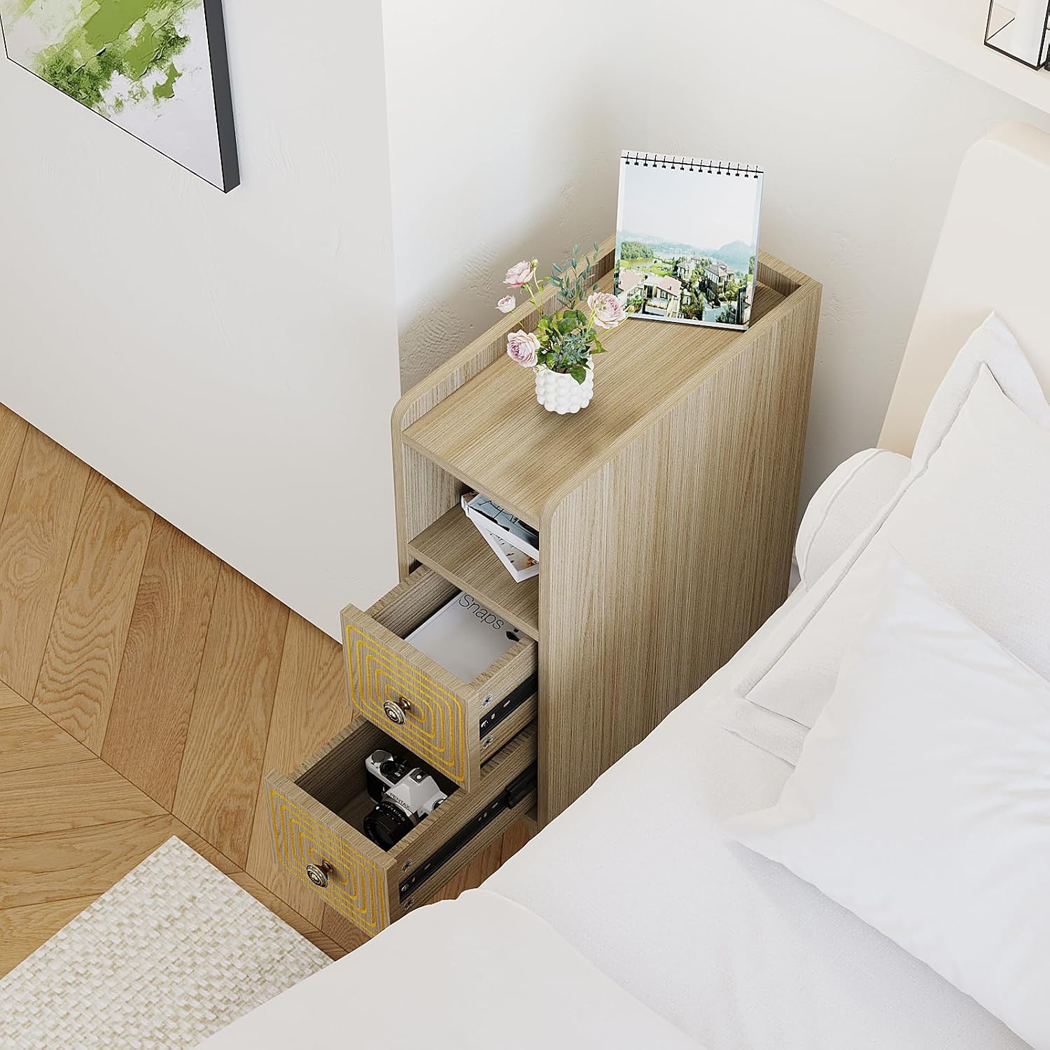 Nightstands Set of 2,Night Stand Bed Side Table with Storage Space,Wooden Bedside Table with Open Shelf,2 Drawers,End Table with Solid Wood Feet for Bedroom,College Dorm,Entryway (Natural)