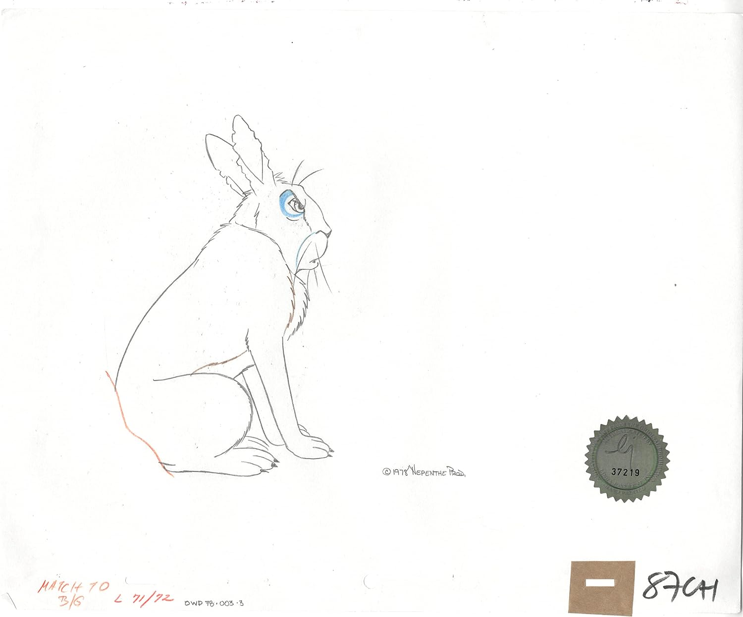 Watership Down 1978 Production Animation Cel Drawing with Linda Jones Enterprise Certificate of Authenticity 003-3