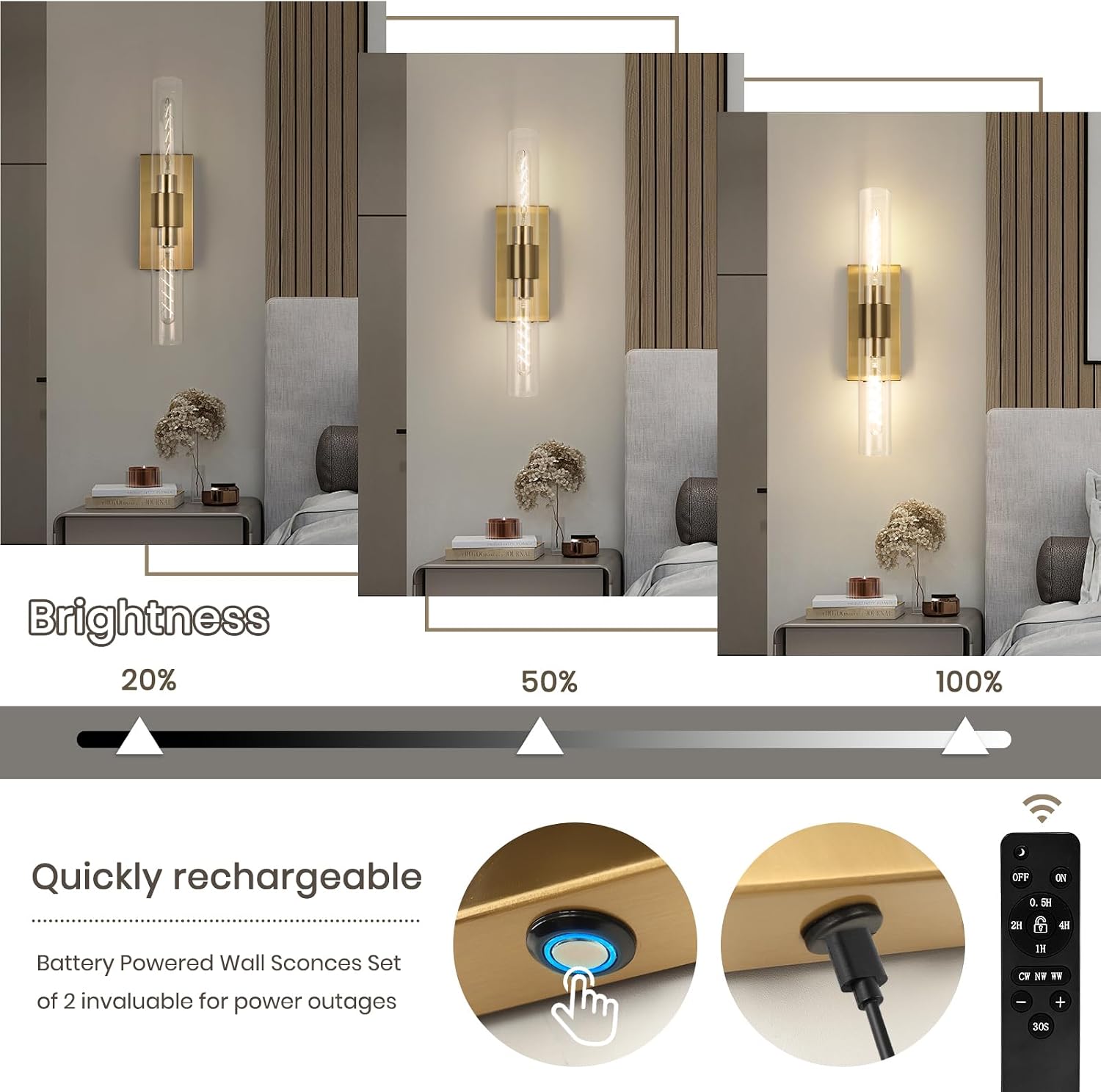 Battery Operated Wall Sconce Set of Two, Rechargeable Wall Sconce, Gold Wall Lamp with Remote Controls, Indoor Non-Hardwired Bedside Wall Sconces, Gold Vanity Light for Bedroom, Hallway, etc