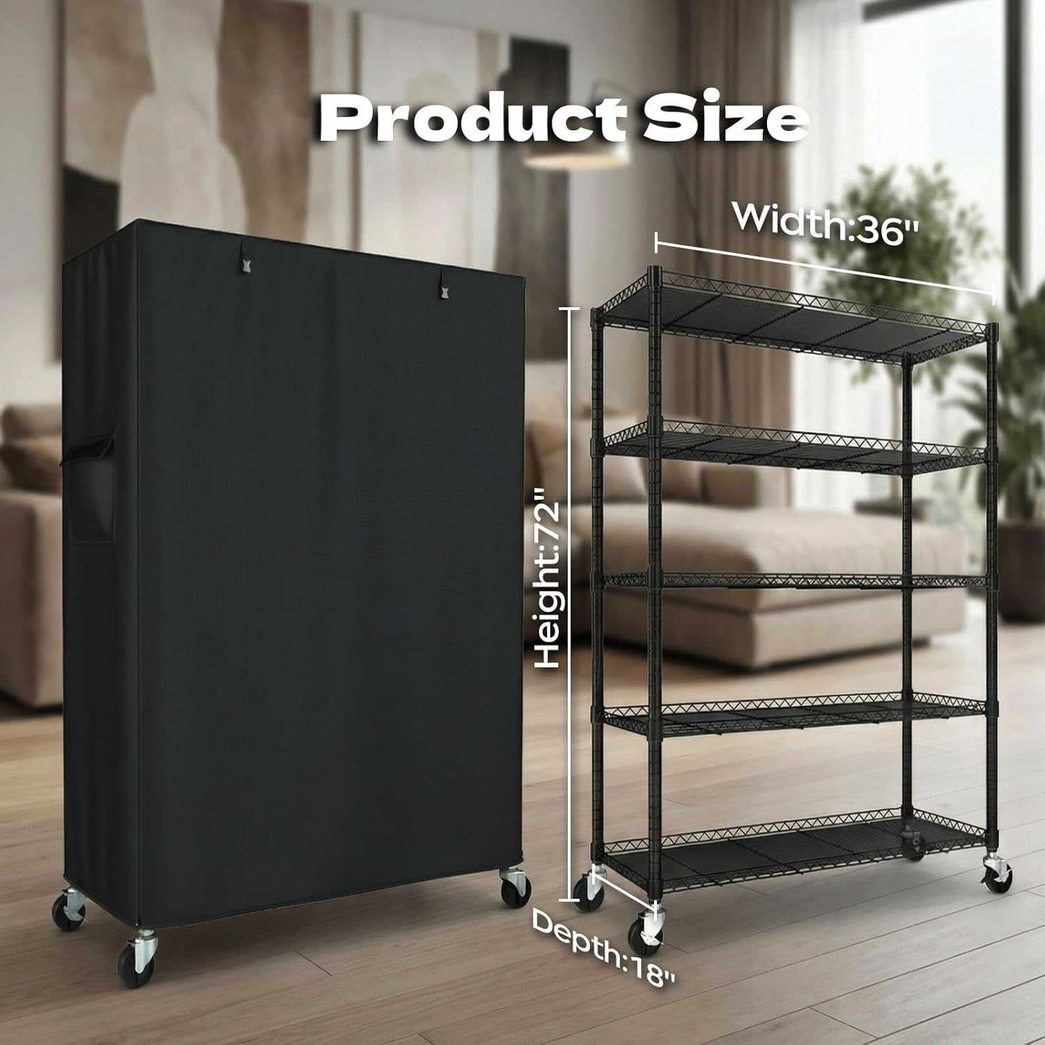 Wire Shelving Unit with 600D Oxford Cover, 36' W x 18' D x 72' H, 5-Tier Heavy Duty Rolling Shelf Rack on Wheels for Garage, Basement & Warehouse