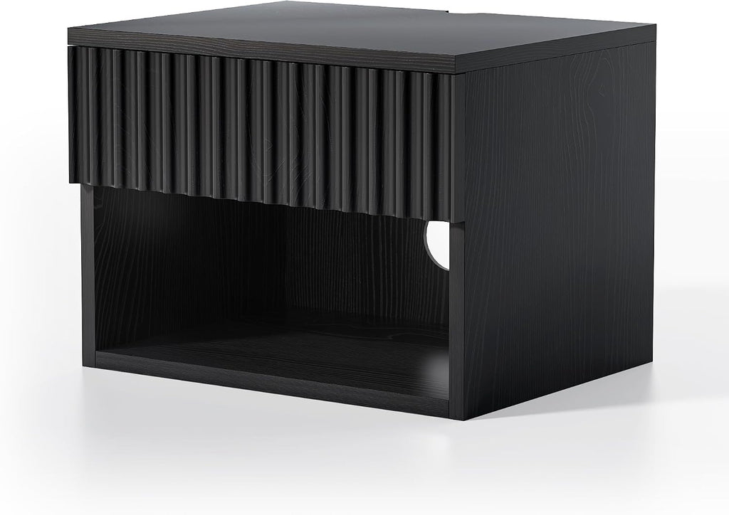 EYYTHUNG Fluted Floating Nightstand Set of 2 with Drawer, Modern Night Stand with Fluted Door and Open Storage Shelf Wall Mounted Bedside Table for Bedroom, Entryway Black