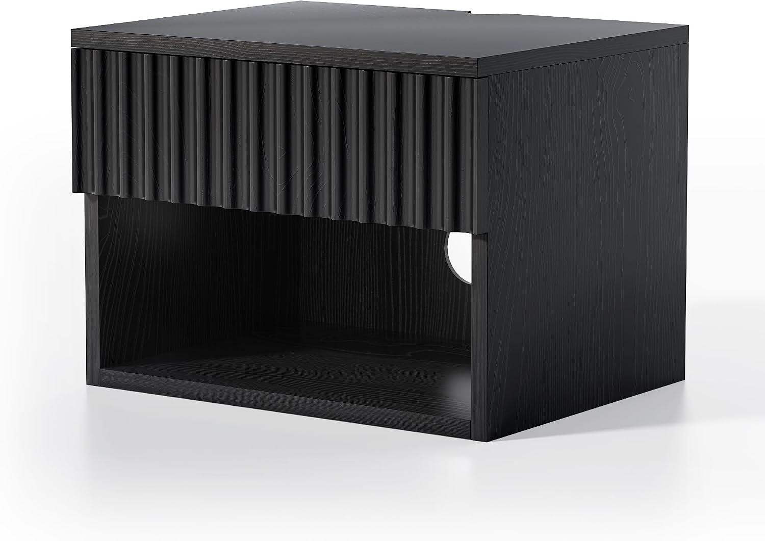 EYYTHUNG Fluted Floating Nightstand Set of 2 with Drawer, Modern Night Stand with Fluted Door and Open Storage Shelf Wall Mounted Bedside Table for Bedroom, Entryway Black
