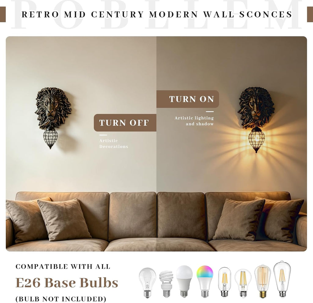 Retro Mid Century Modern Wall Sconces with Clear Crystal Shade Lion Head Decor 17.7' Large Black Wall Lights Fixtures for Living Room Bedroom Bedside Stairs Bathroom
