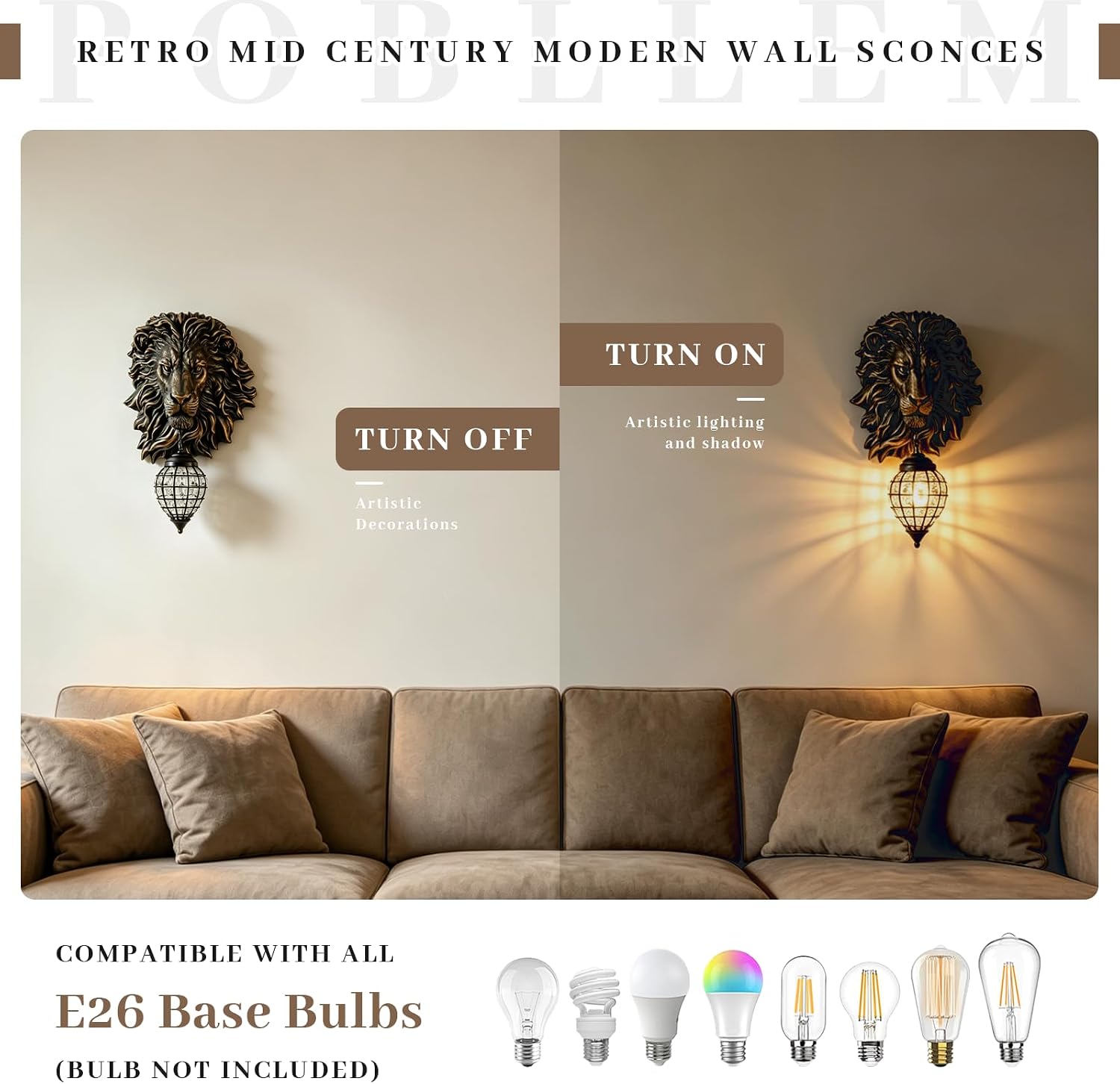 Retro Mid Century Modern Wall Sconces with Clear Crystal Shade Lion Head Decor 17.7' Large Black Wall Lights Fixtures for Living Room Bedroom Bedside Stairs Bathroom