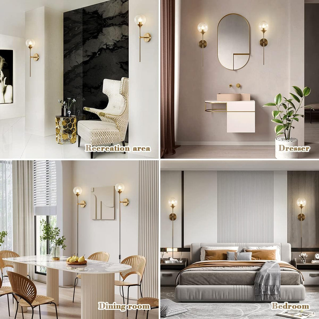 BOKT Brushed Gold Plug in Wall Sconce Set of 2 Mid Century Modern Long Globe Wall Sconce Light with Plug in Cord Amber Glass Bathroom Vanity Light Fixture (Amber-Plug in)