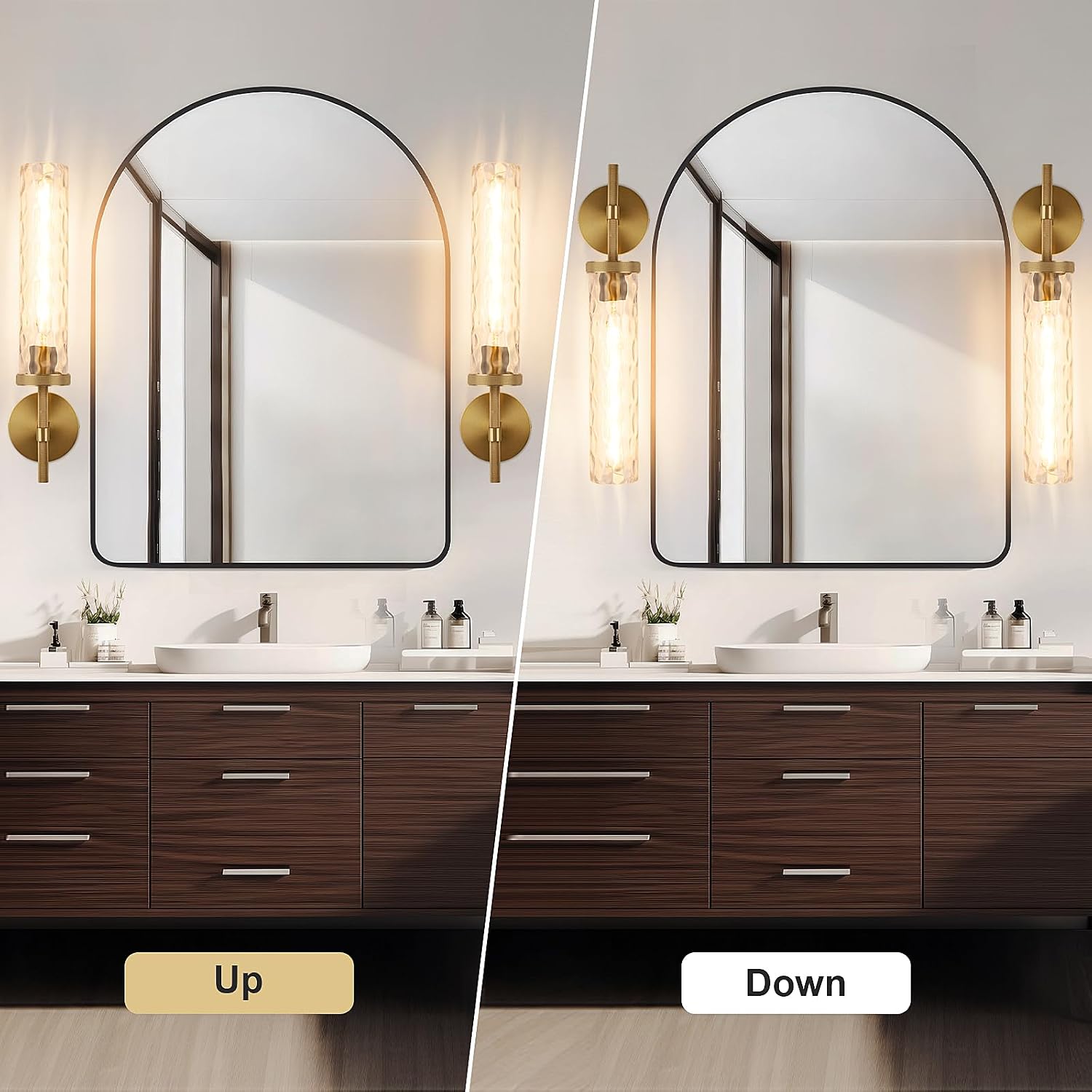 19.5' Knurled Brass Wall Sconce with Water Ripples Glass Tube, Gold Bathroom Vanity Light Fixtures, Modern Lamp Lighting for Bedroom, Living Room, Hallway, Staircase, Mirror, Kitchen