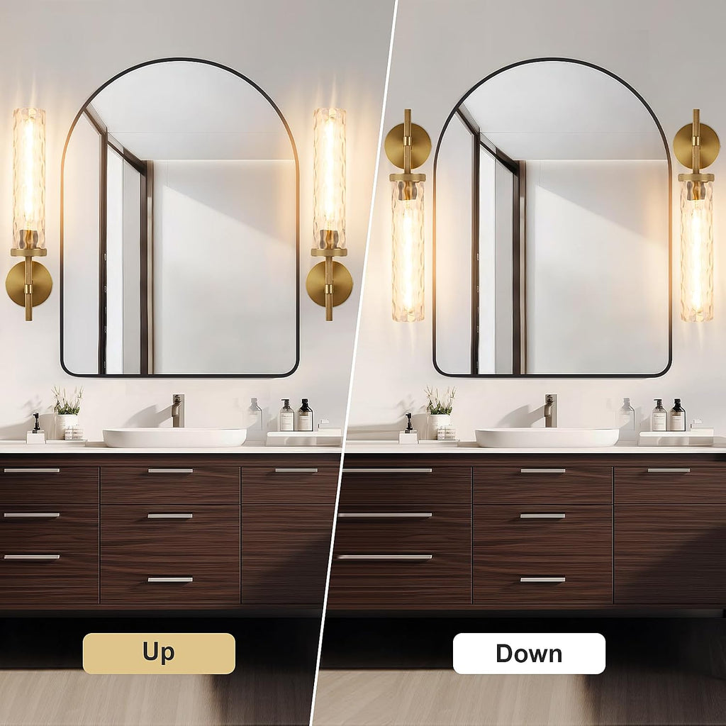 19.5' Knurled Brass Wall Sconces Set of 2, Gold Bathroom Vanity Light Fixtures with Water Ripples Glass Tube, Modern Lamp Lighting for Bedroom, Living Room, Hallway, Staircase, Mirror, Kitchen