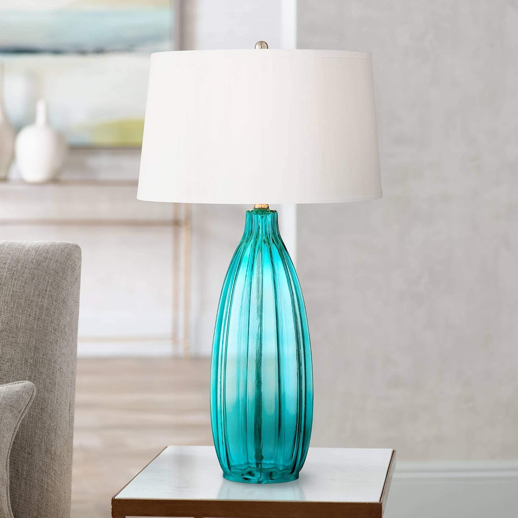 360 Lighting Stella Coastal Modern Table Lamps 30' Tall Set of 2 Fluted Blue Glass White Drum Shade Decor for Living Room Bedroom Beach House Bedside Nightstand Home Office