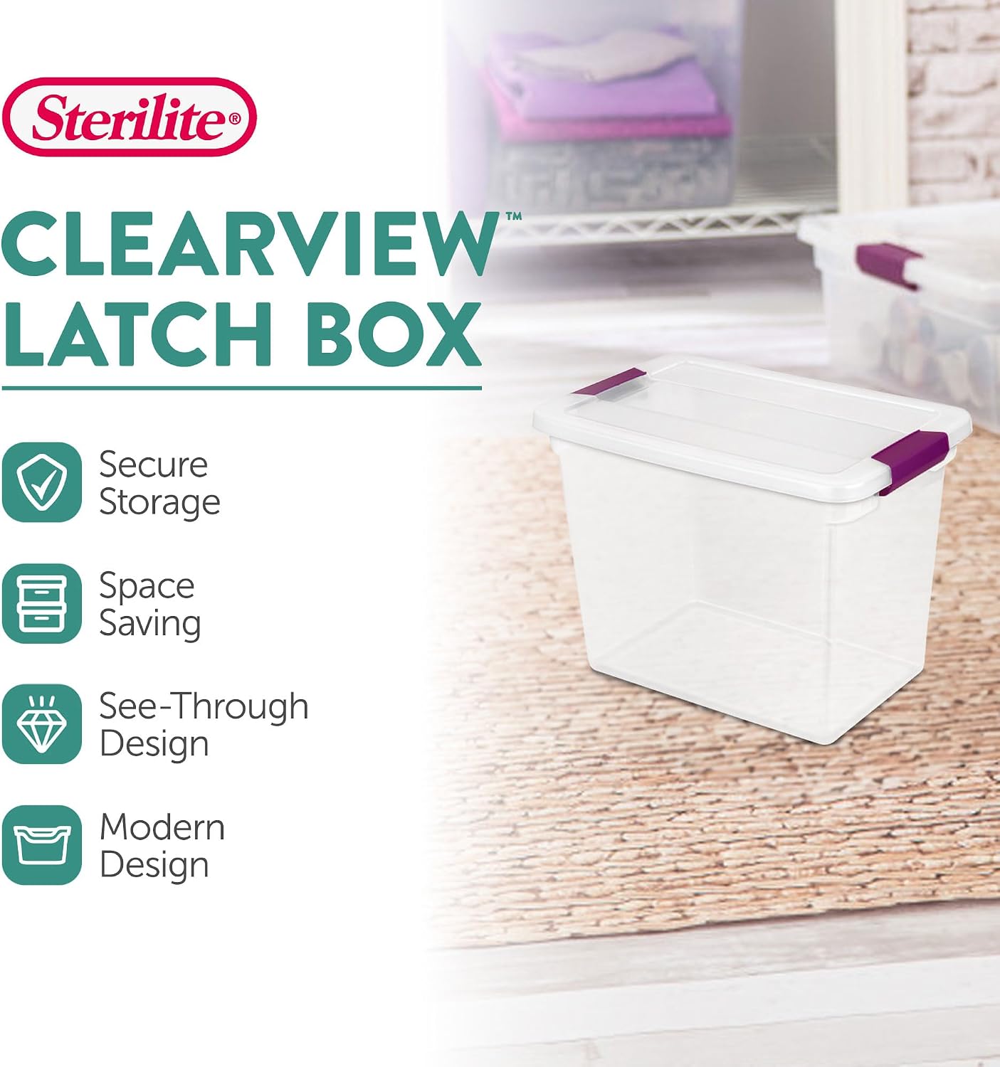 Sterilite 27 Quart ClearView Latch Box, Stackable Storage Bin with Latching Lid, Organize Clothes, Shoes in Closet, Clear Base and Lid, 18-Pack