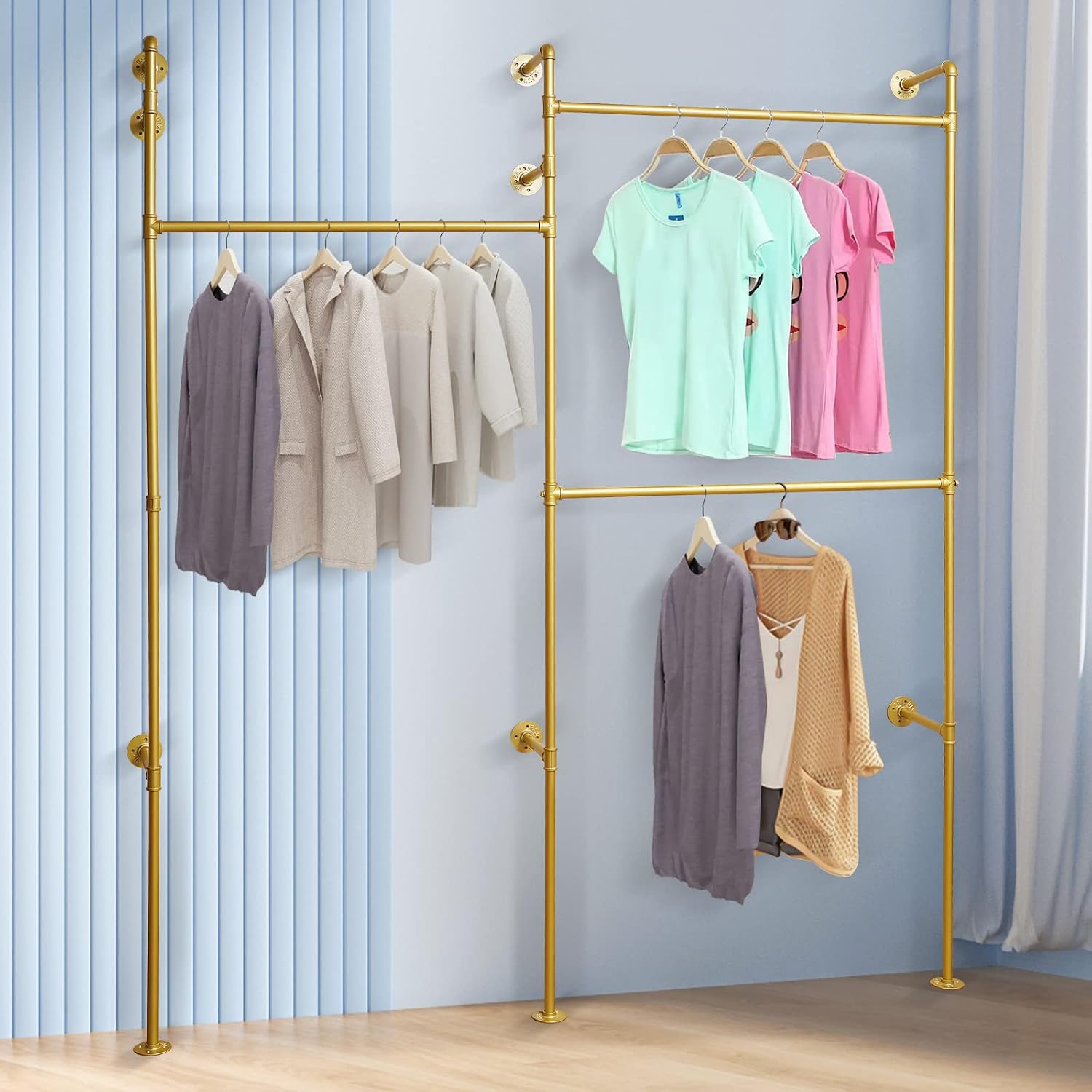 Wall Mounted Clothes Rack, Portable Vintage Rolling Coat Rack Heavy Duty Iron Pipe Garment Hanger Rustic Metal Garment Frame Industrial Pipe Clothing Display Rack for Living Room Bedroom (Gold)