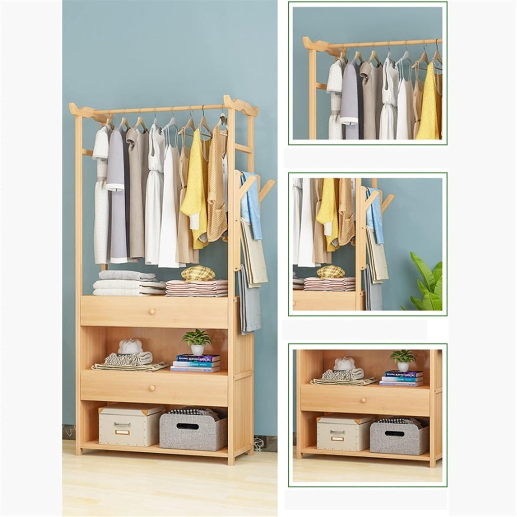 Coat Rack, Clothes Rack Bamboo Garment Racks With 2-Tier Bottom Shelves Heavy Duty Portable Clothes Organizer Rack Freestanding Clothing Rack For Hanging Clothes