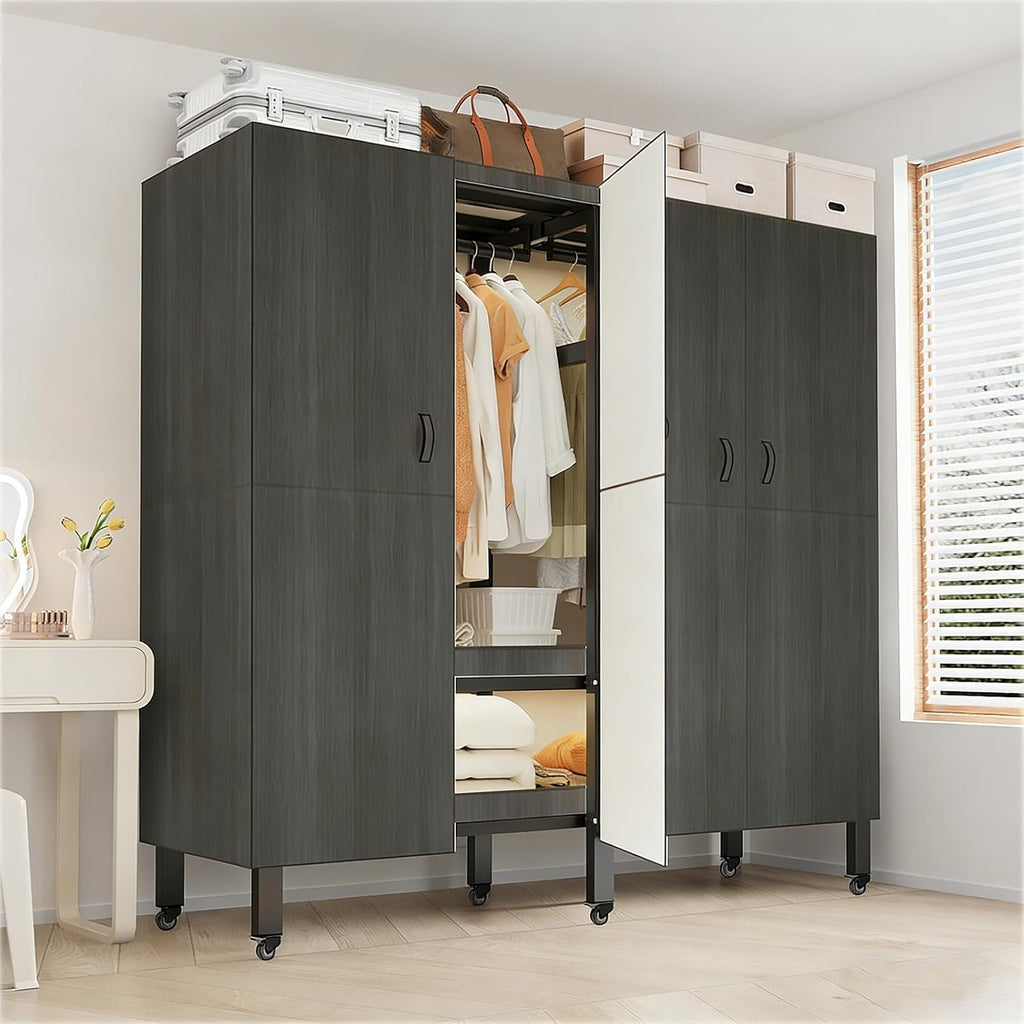 Foldable Portable Wardrobe On Wheels, Freestanding Garment Rack, with Magnetic Door 2000lbs, Heavy Duty Clothes Rack, for Bedroom Closet Systems (Agarwood, 168CM/66IN)