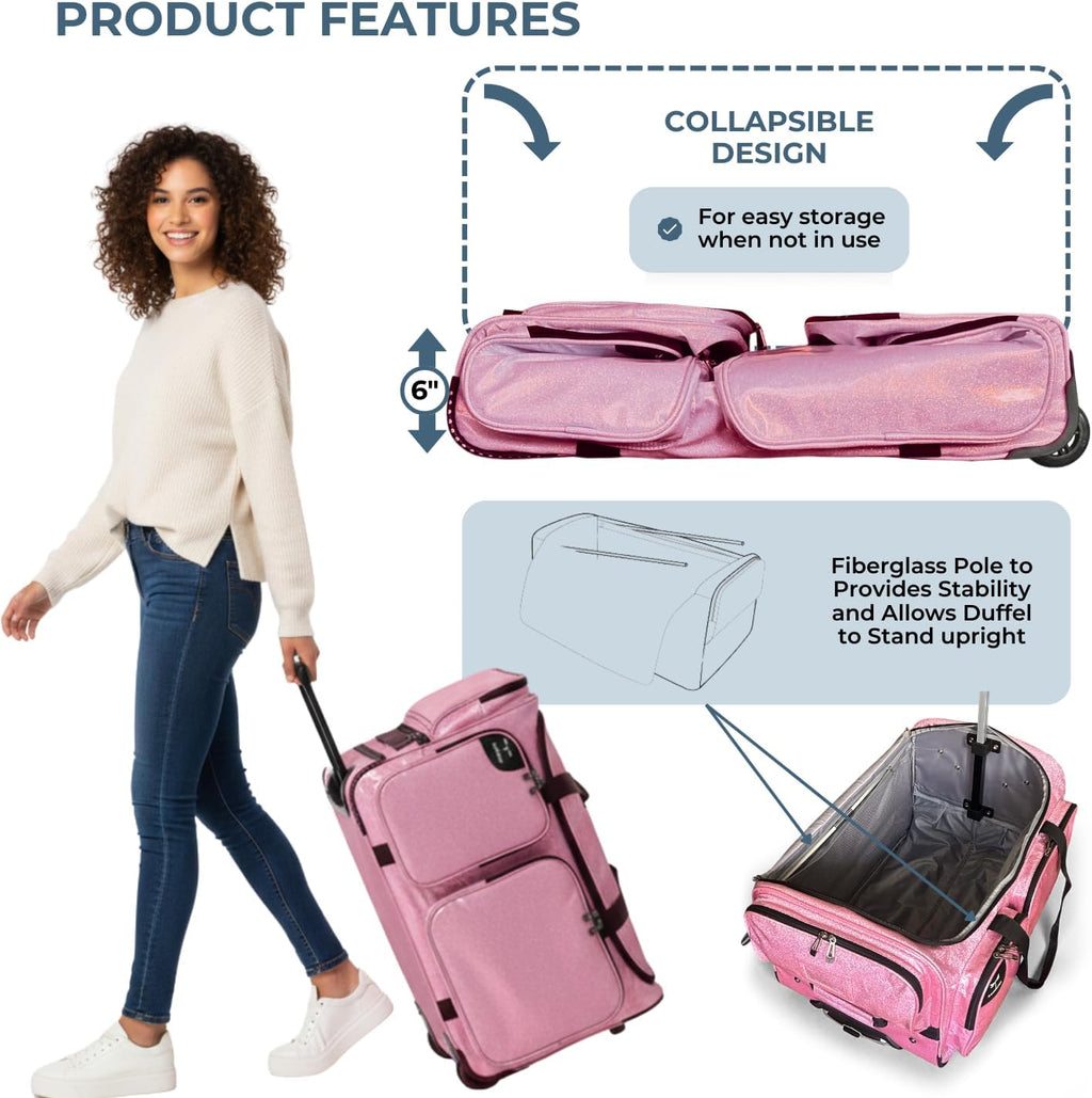Travolution NEW Glittering Dance Bag with Garment Rack, 23 Inch Rolling Duffel With Wheels, Ideal for Competitions & Travel, Easy-assembly Lightweight Aluminum Clothes Rack (Glitter Blue)