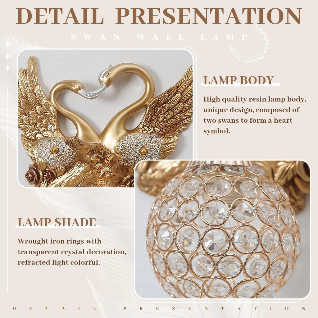 Gold Swan Wall Sconce, Modern Luxury Crystal Wall Lamp, Decorative Wall Lighting for Bedroom Living Room Hallway, Romantic Heart Shaped Wall Mounted Light Fixture, Resin Animal Wall Art Decor
