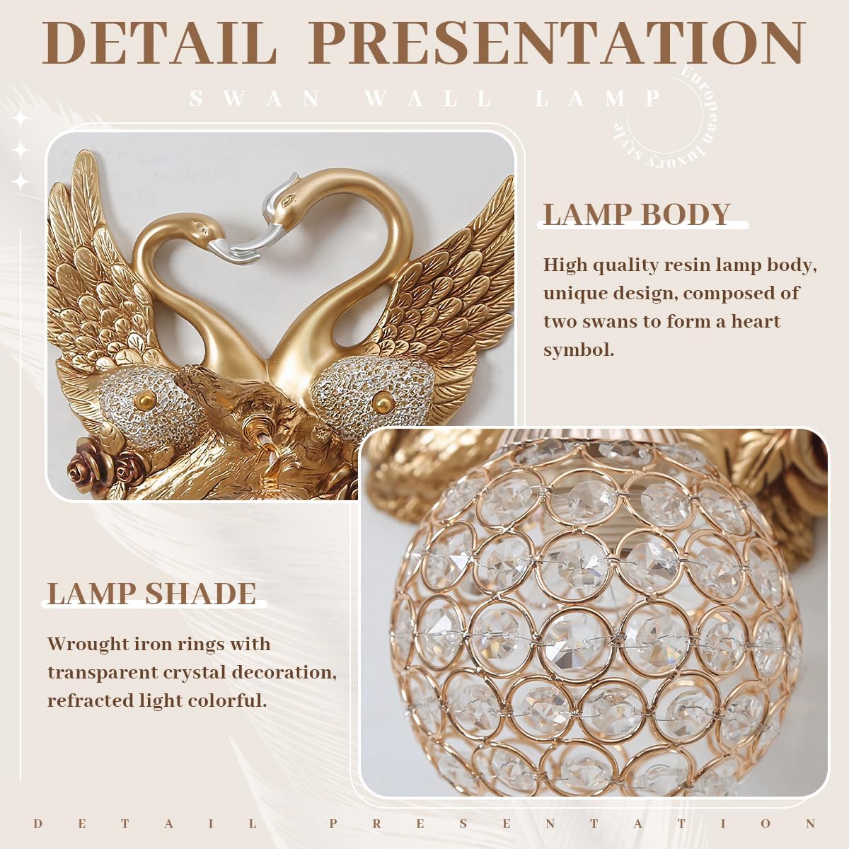 Gold Swan Wall Sconce, Modern Luxury Crystal Wall Lamp, Decorative Wall Lighting for Bedroom Living Room Hallway, Romantic Heart Shaped Wall Mounted Light Fixture, Resin Animal Wall Art Decor