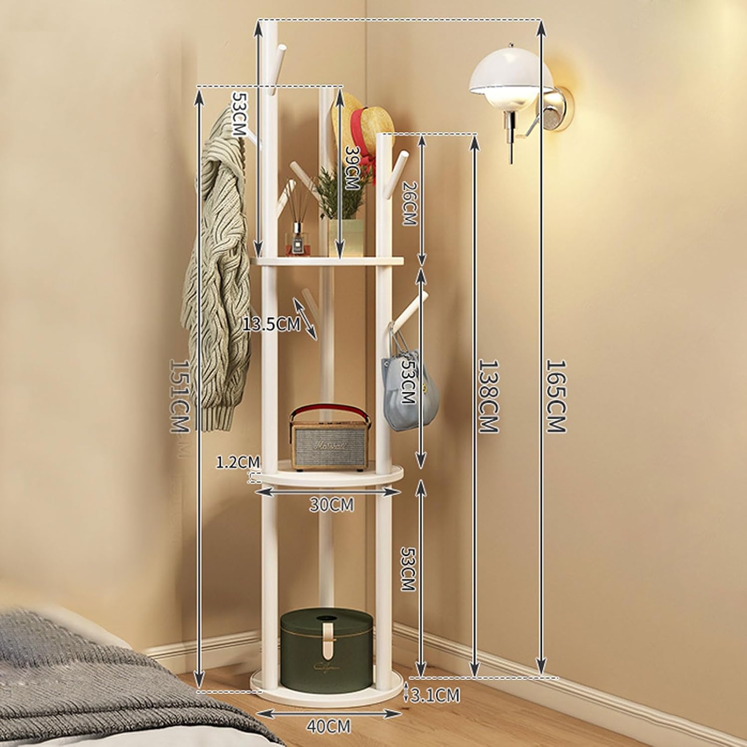Bamboo Clothing Rack Corner Coat Rack with Hanger Hooks and 3-Tier Storage Shelves, Stand Hall Trees Free Standing Clothes Hanging Rail Garment Rack for Entryway Bedroom Living Room