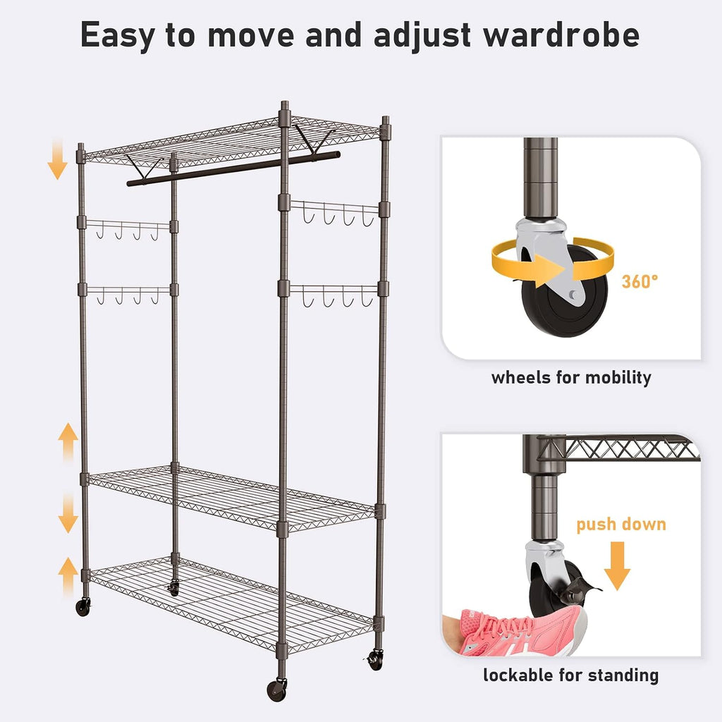 Heavy Duty Clothes Rack, Adjustable Rolling Garment Rack with Shelves, Freestanding Wardrobe Rack 1 Clothes Hanging Bar, 3 tired Wire Shelving, 4 Hanger Hooks - Hold Up to 400Lbs (Gray, 1Rod 4Hook)